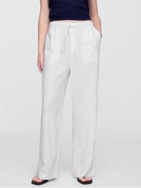 GAP White Wide-Leg Pull On Drawstring Linen-Blend Pants